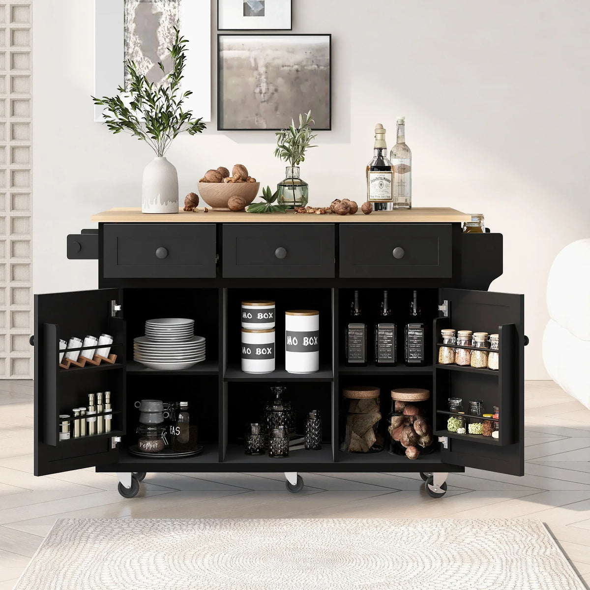Black eprolo kitchen trolley with rubber wood countertop, storage cabinet, and 3 dining drawers