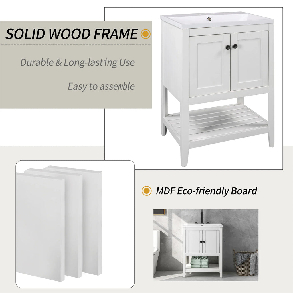White 24 inch eprolo bathroom vanity base with solid wood frame and MDF eco-friendly boards.