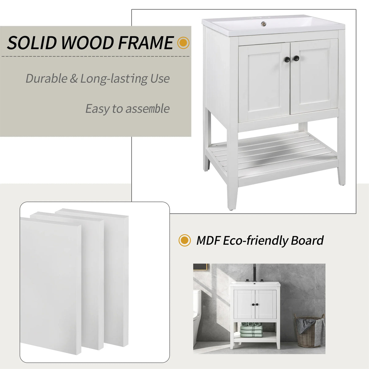 White 24 inch eprolo bathroom vanity base with solid wood frame and MDF eco-friendly boards.