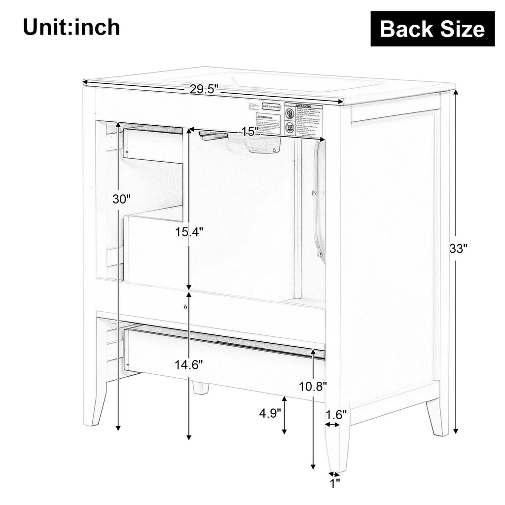 Dimensions diagram of an eprolo 30 inch bathroom vanity cabinet with sink.