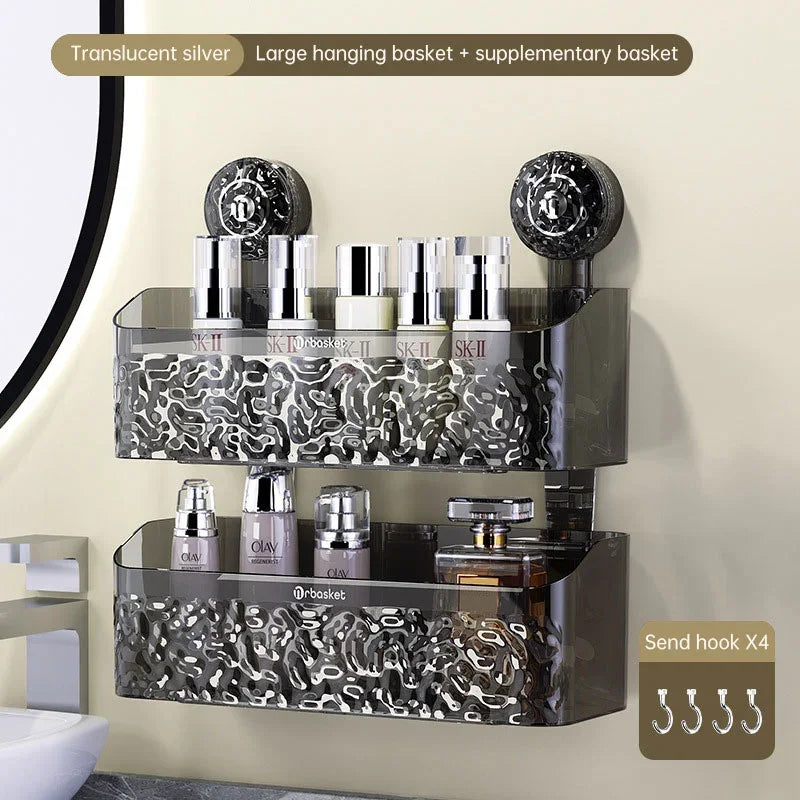 eprolo translucent silver suction bathroom shelf with two tiered hanging baskets for skincare