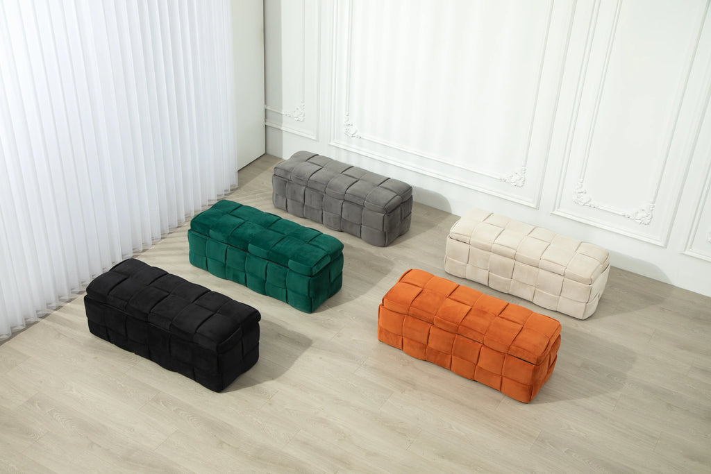 Five eprolo cushioned fabric storage ottomans in beige, green, black, grey, and orange.