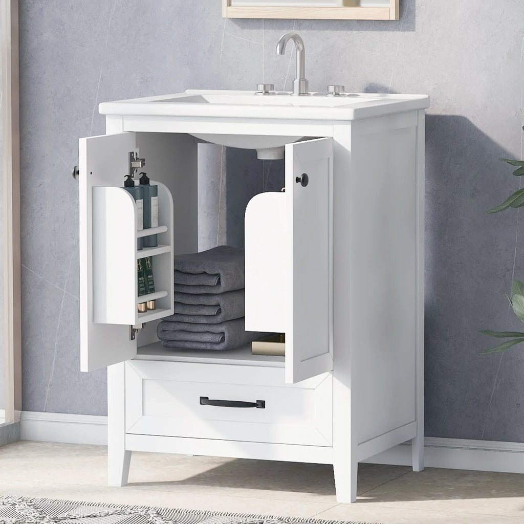 White eprolo 24 inch bathroom vanity with sink, storage cabinet, and drawer