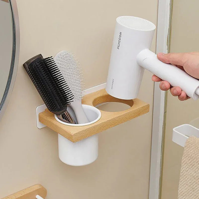 Solid wood bathroom hair dryer storage rack and brush holder by eprolo