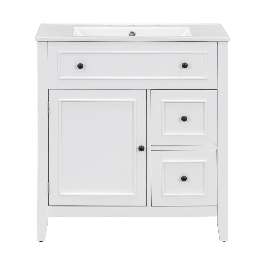 White 30 inch eprolo bathroom vanity with sink top, cabinet door, and two drawers.