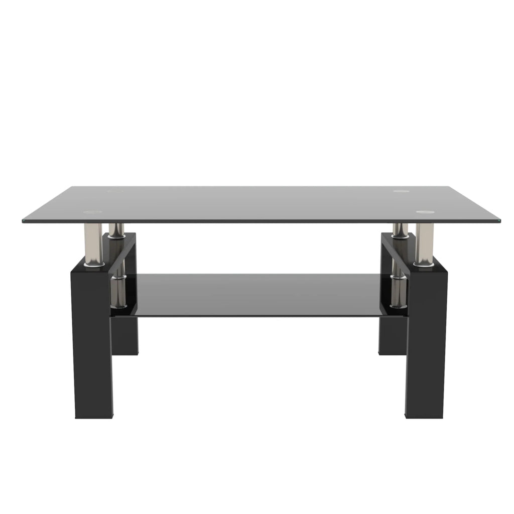 Modern eprolo rectangle black glass coffee table with silver metal accents for living room.