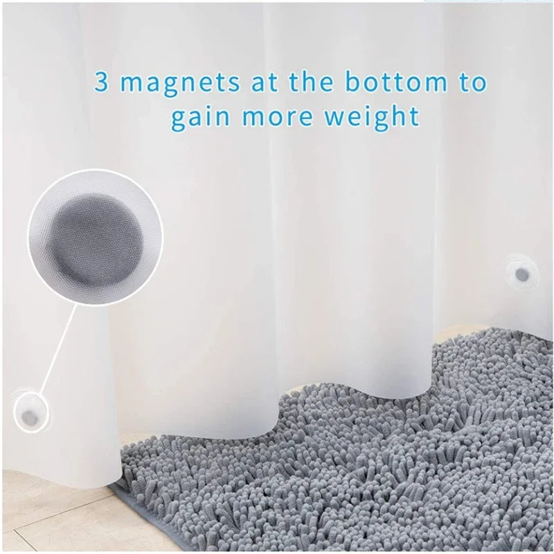 Frosted plastic shower curtain liner with 3 bottom magnets for extra weight.