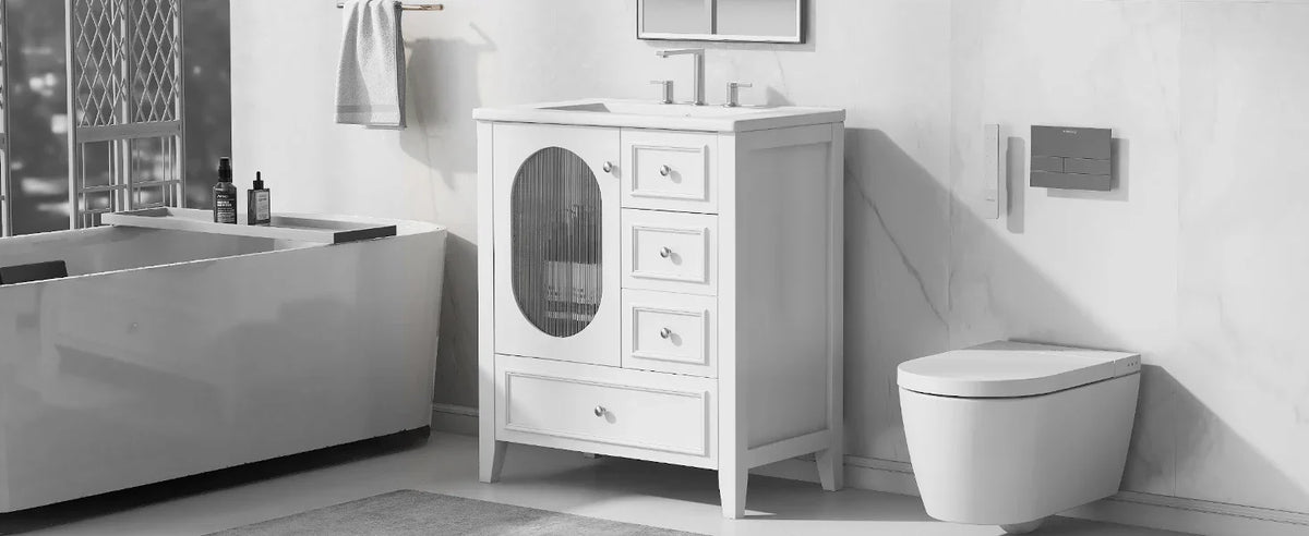 White 30 inch eprolo bathroom vanity cabinet with sink, three drawers, and a door in a modern bath.