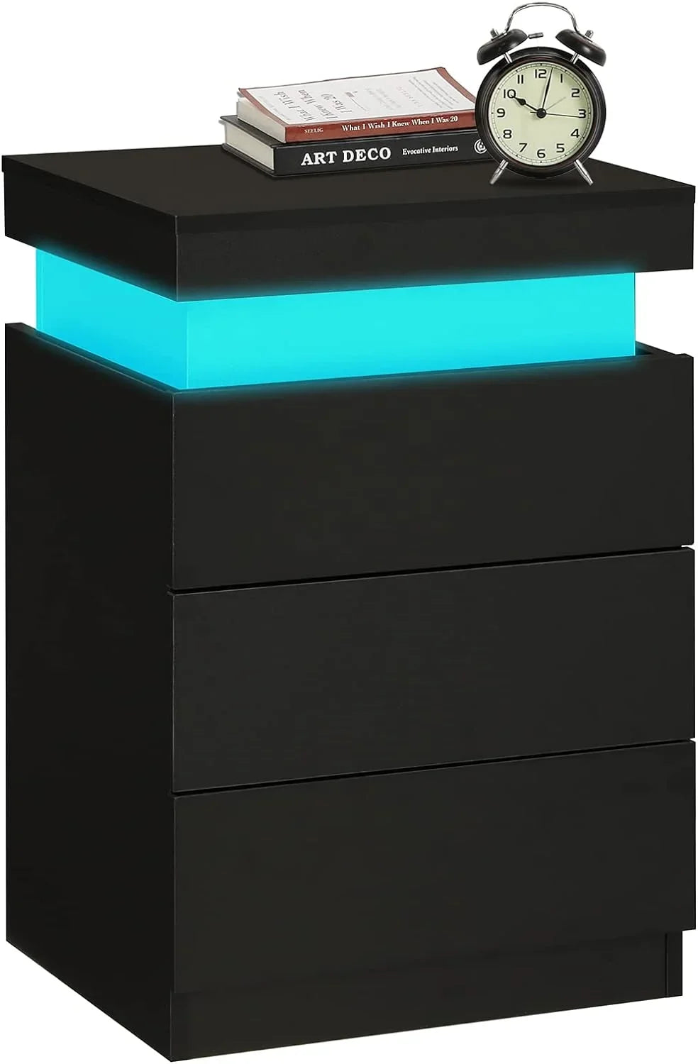 Modern black LED nightstand with multi-colour lighting, bedside table with three drawers.