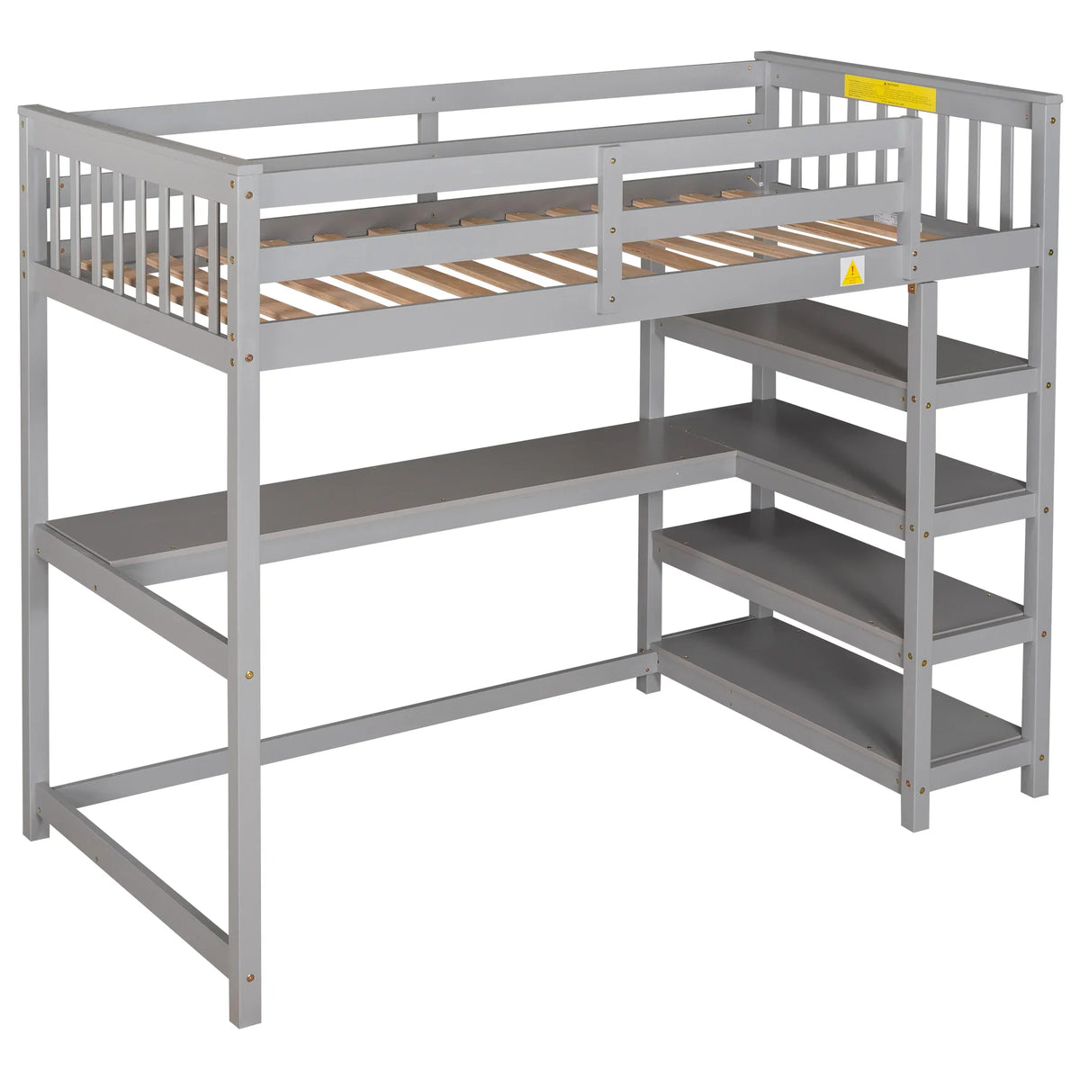 eprolo twin size loft bed in gray with built-in storage shelves and under-bed desk