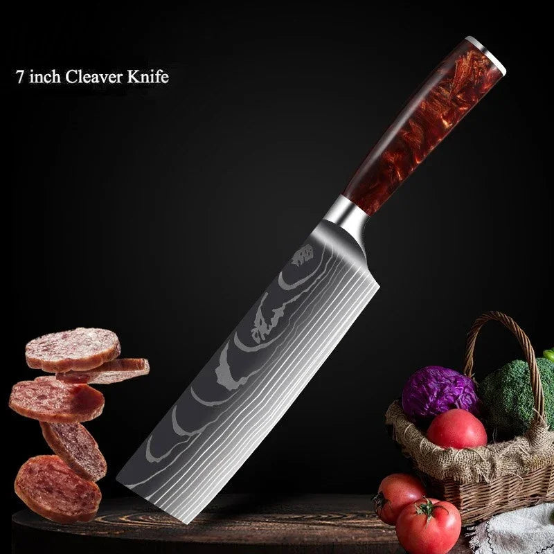 eprolo 7 inch Japanese high carbon stainless steel cleaver knife with patterned blade and resin handle