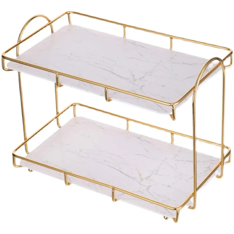 eprolo golden double-layer iron cosmetic storage rack with white marble finish trays