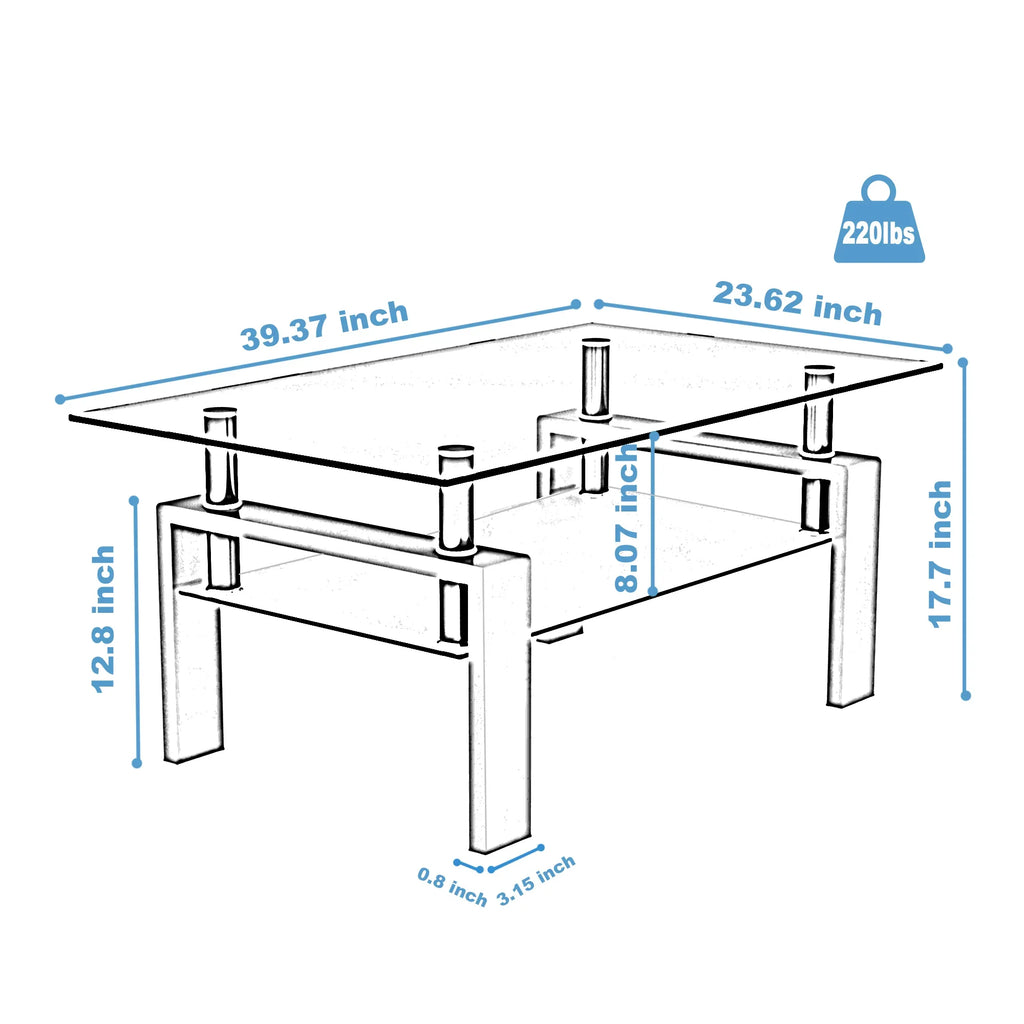 Rectangle walnut glass coffee table dimensions showing 39.37 inch length and 23.62 inch width.