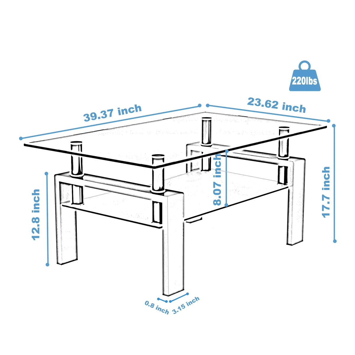 Rectangle walnut glass coffee table dimensions showing 39.37 inch length and 23.62 inch width.