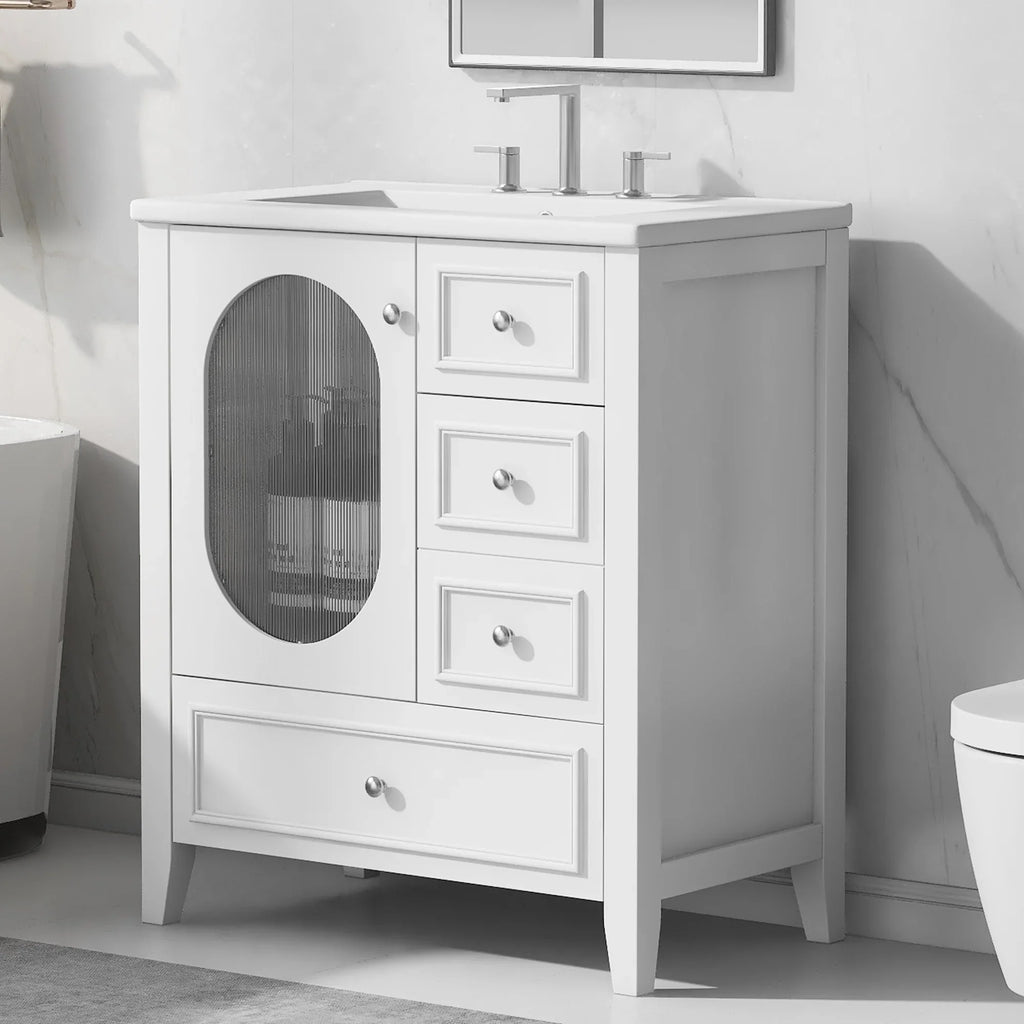eprolo 30-inch white bathroom vanity with sink, three drawers, and a mesh-door cabinet
