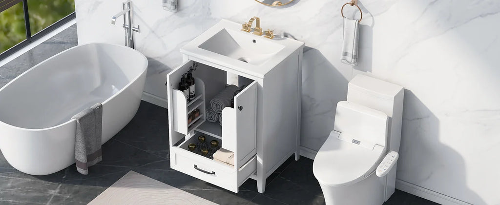 White eprolo 24" bathroom vanity with sink, drawer, and cabinet in a modern marble bathroom