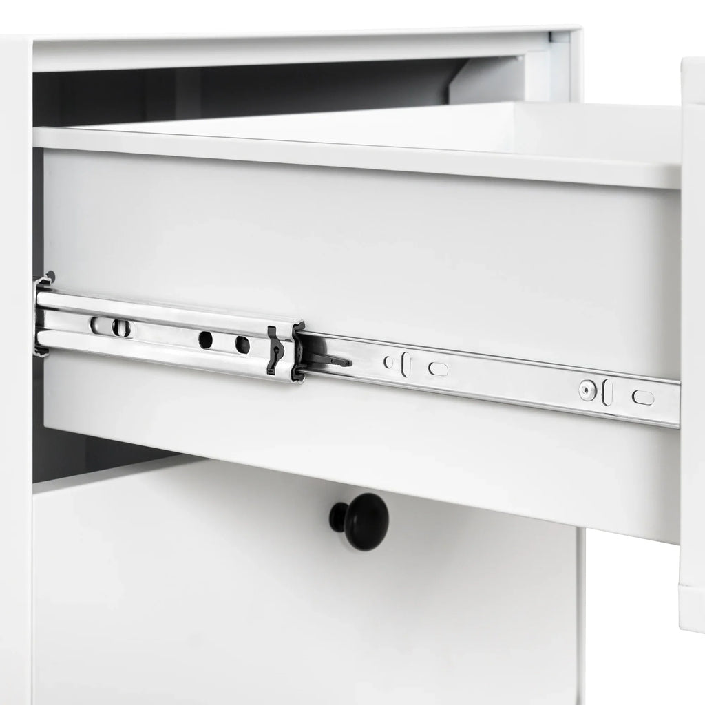 Open white drawer with metal sliding tracks on an eprolo steel storage cabinet.