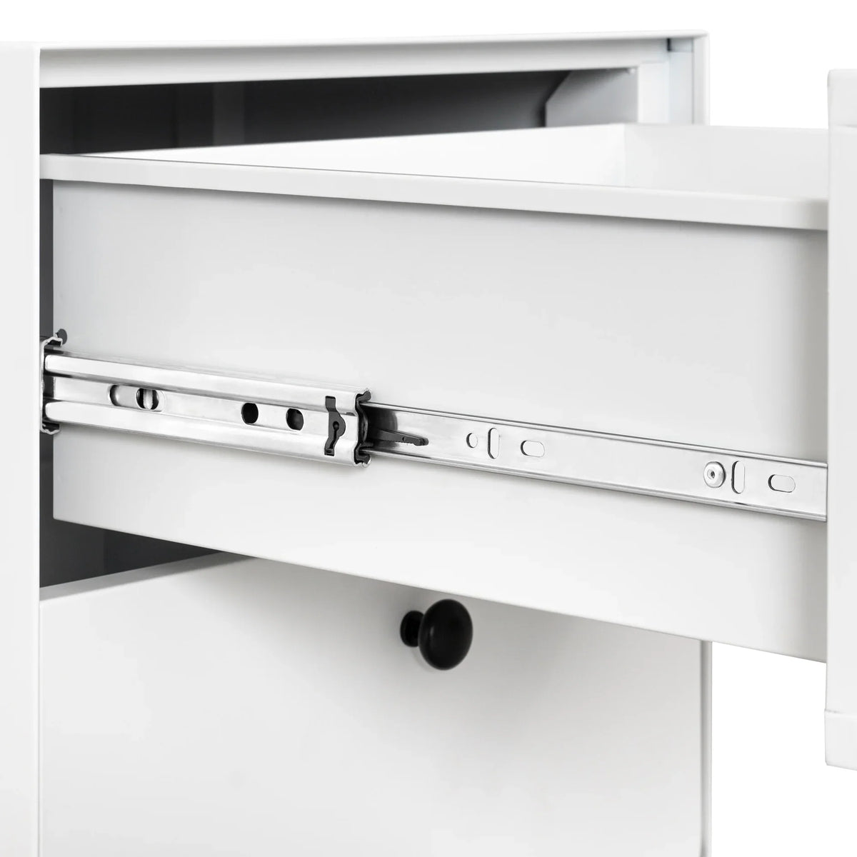 Open white drawer with metal sliding tracks on an eprolo steel storage cabinet.