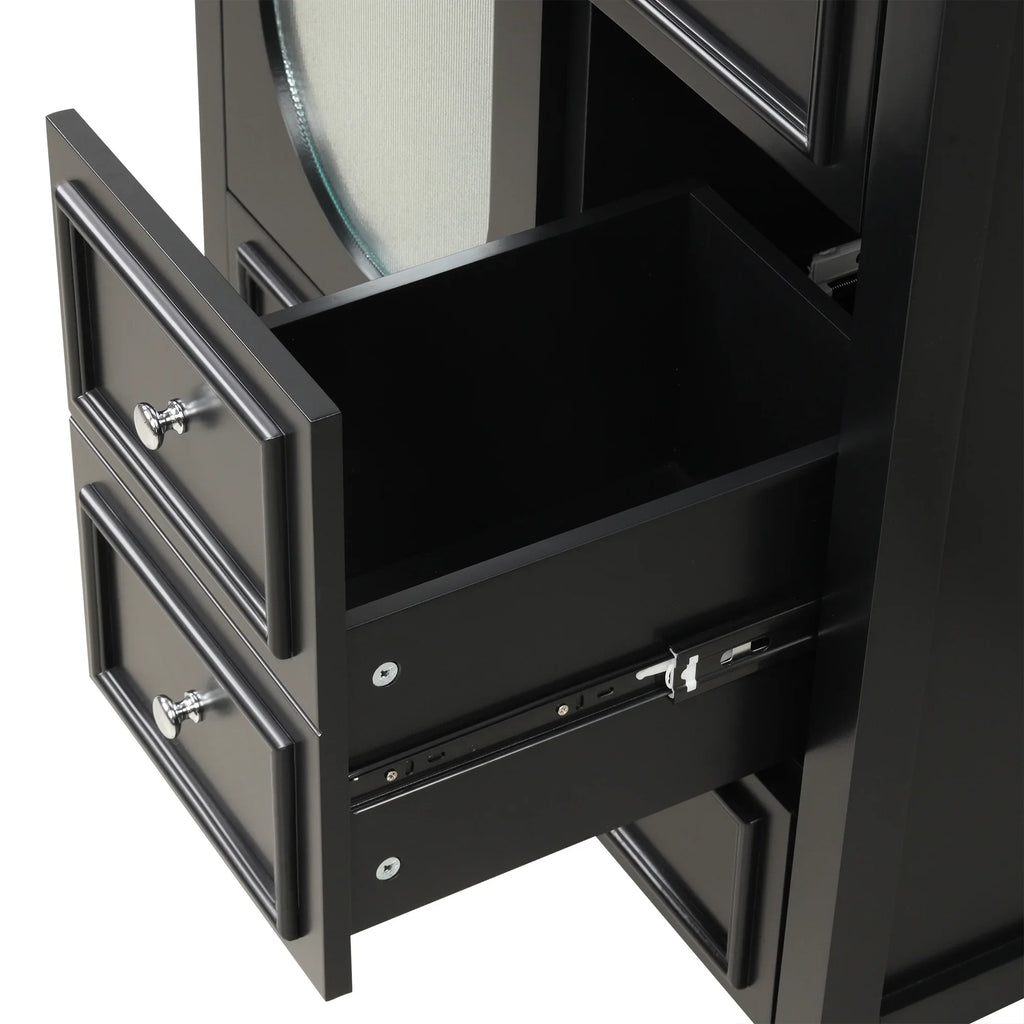 Open drawer of an eprolo 30 inch black bathroom vanity cabinet with silver hardware.