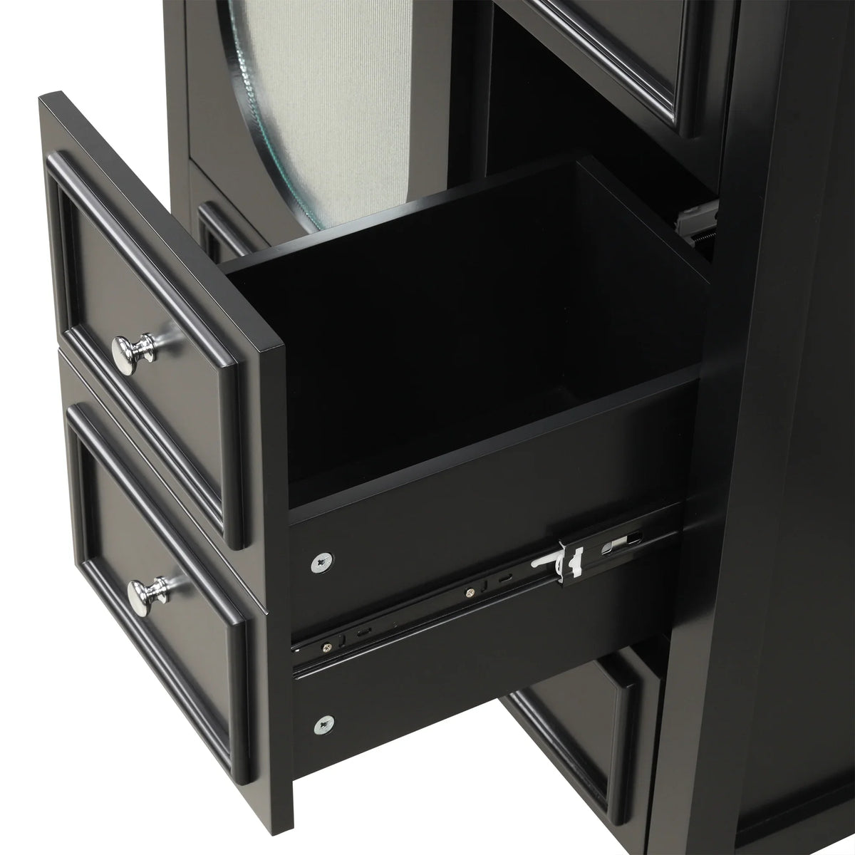 Open drawer of an eprolo 30 inch black bathroom vanity cabinet with silver hardware.