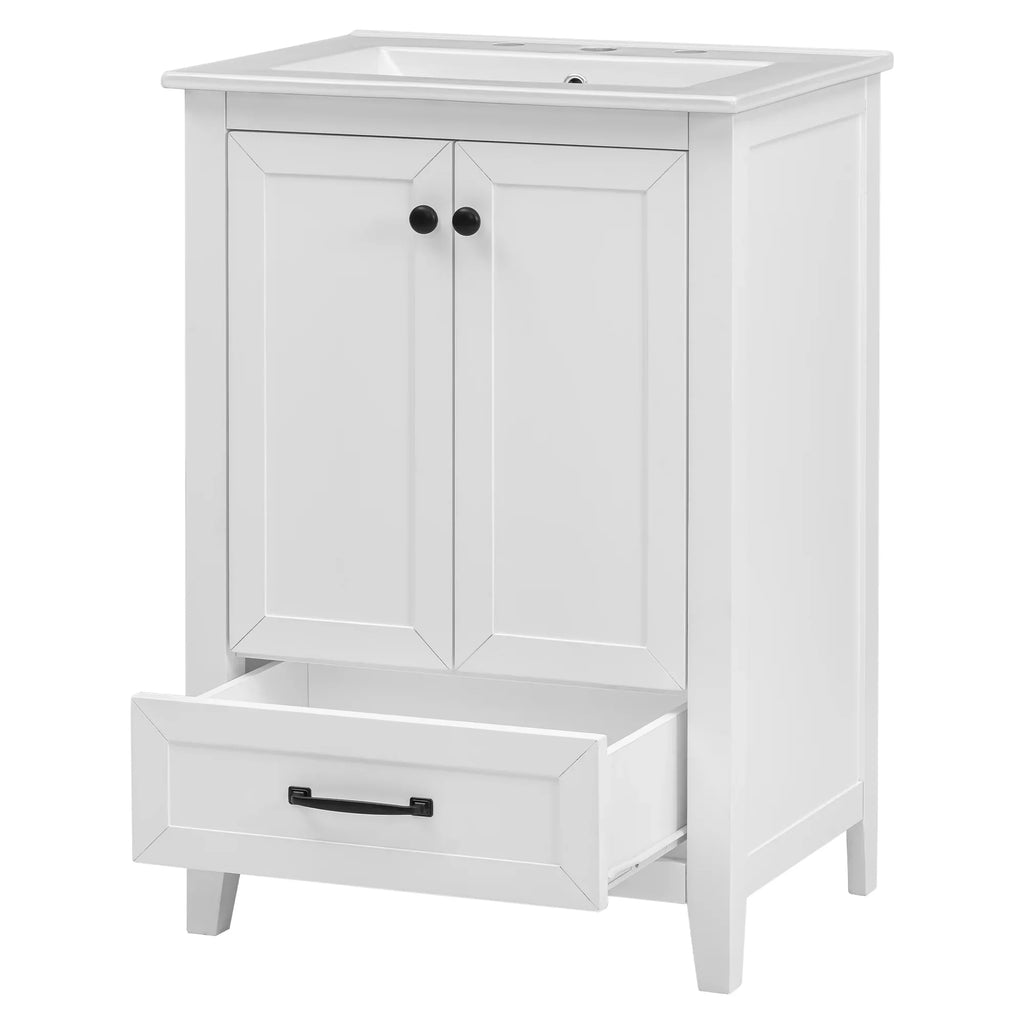 White 24 inch eprolo bathroom vanity cabinet with sink and one open drawer