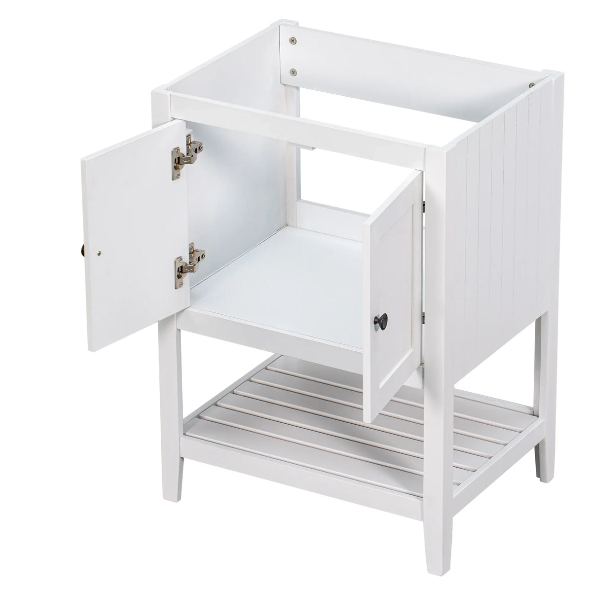White 24-inch eprolo solid wood bathroom vanity base with doors and an open slatted shelf.
