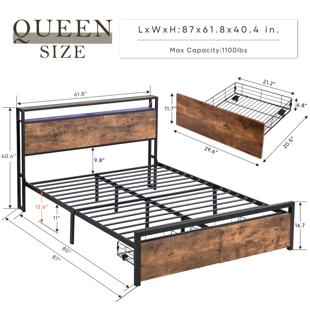 eprolo Queen size LED platform bed with storage headboard and drawers with detailed dimensions.