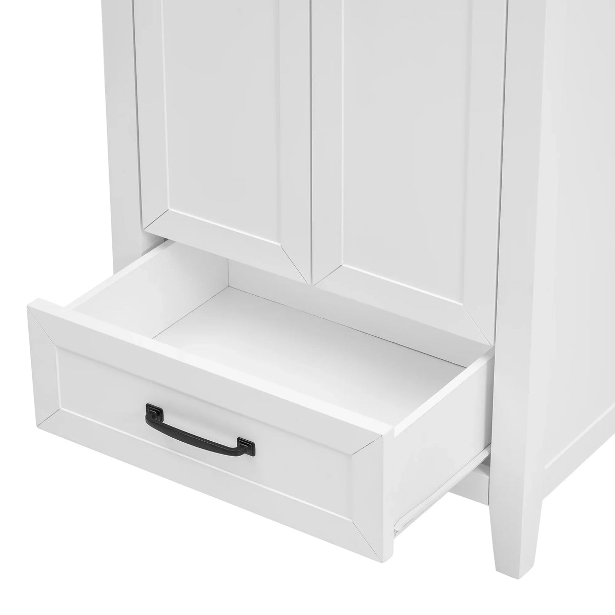White 24 inch eprolo bathroom vanity cabinet with an open storage drawer and black handle.