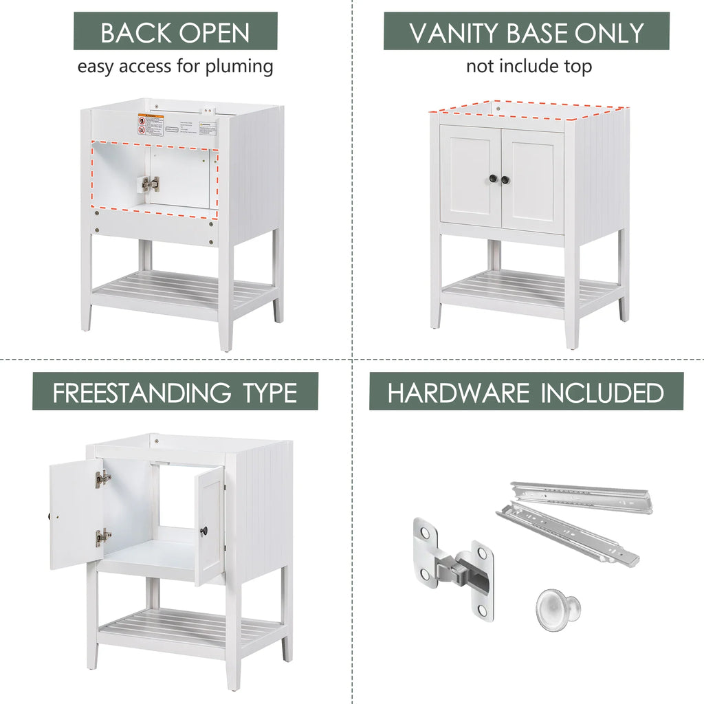 White 24 inch eprolo bathroom vanity base with open back, cabinet doors, and bottom shelf.