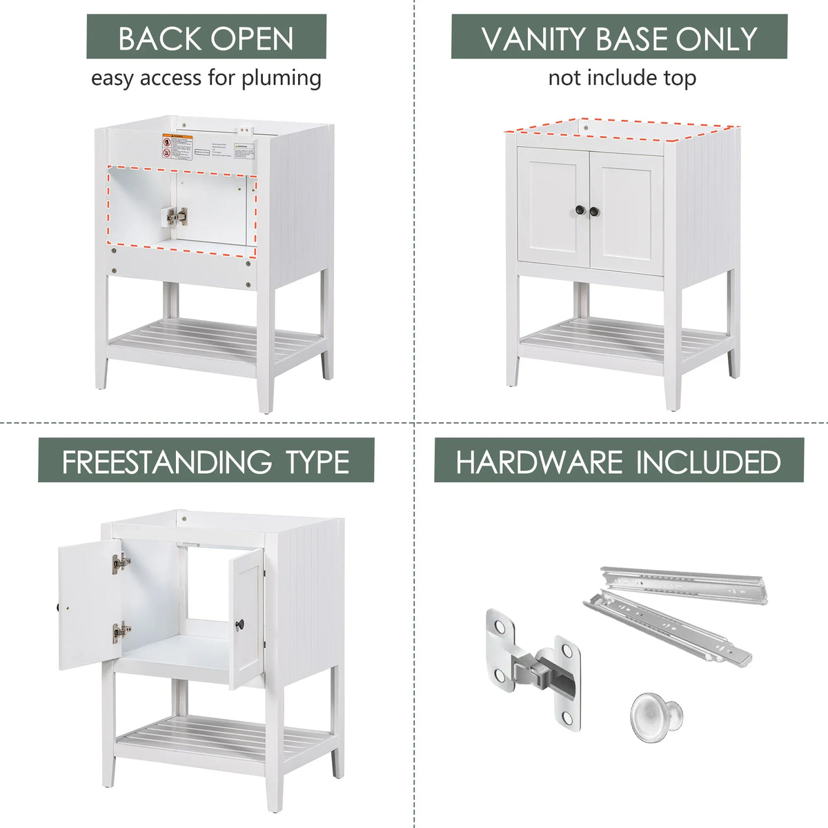 White 24 inch eprolo bathroom vanity base with open back, cabinet doors, and bottom shelf.