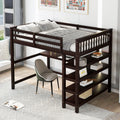 eprolo espresso full size loft bed with built-in desk and storage shelving unit
