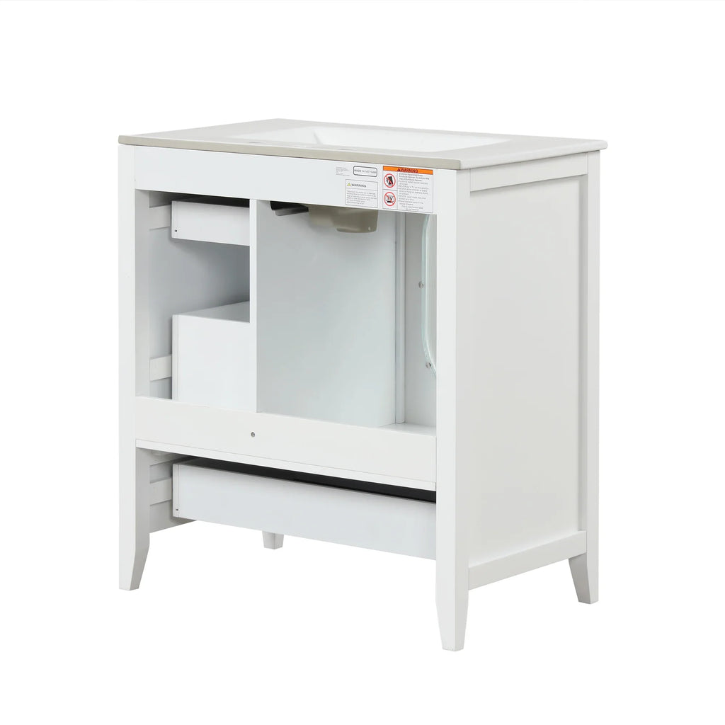 White 30 inch eprolo bathroom vanity cabinet with sink, three drawers, and storage door.