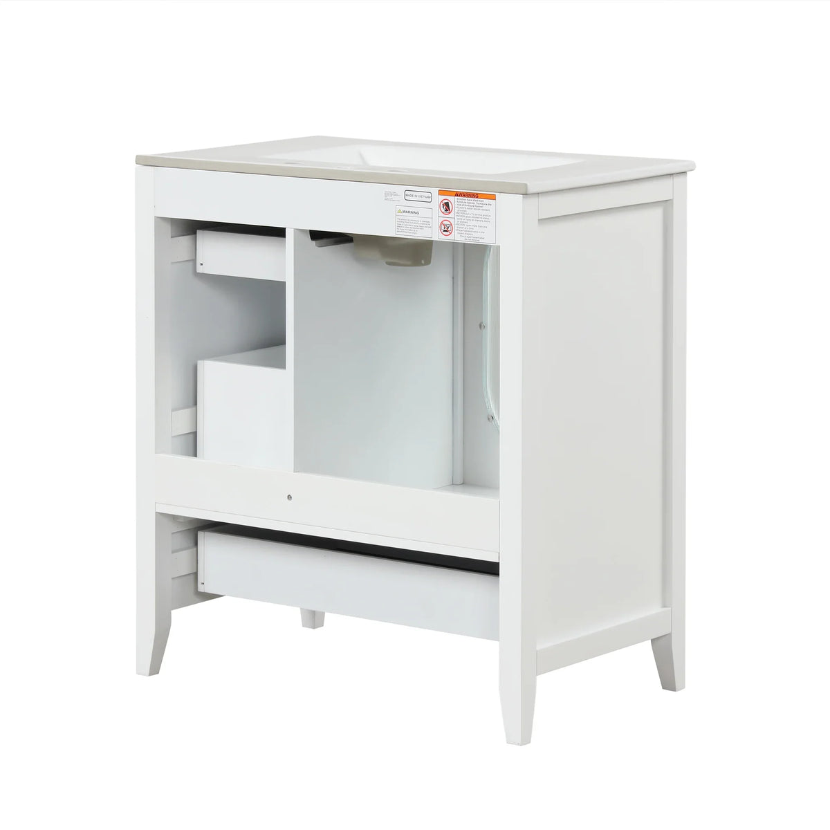 White 30 inch eprolo bathroom vanity cabinet with sink, three drawers, and storage door.
