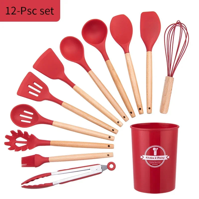 12-piece eprolo red silicone kitchen utensil set with wooden handles and storage holder