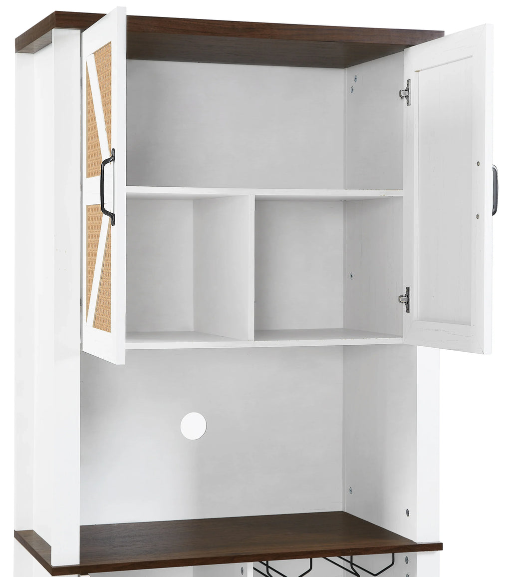 Open white eprolo farmhouse bar cabinet with faux rattan doors and dark wood accents