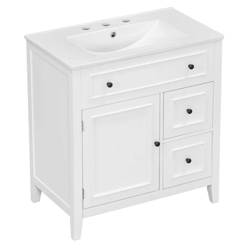 White 30 inch eprolo bathroom vanity with sink top, cabinet door, and two drawers.