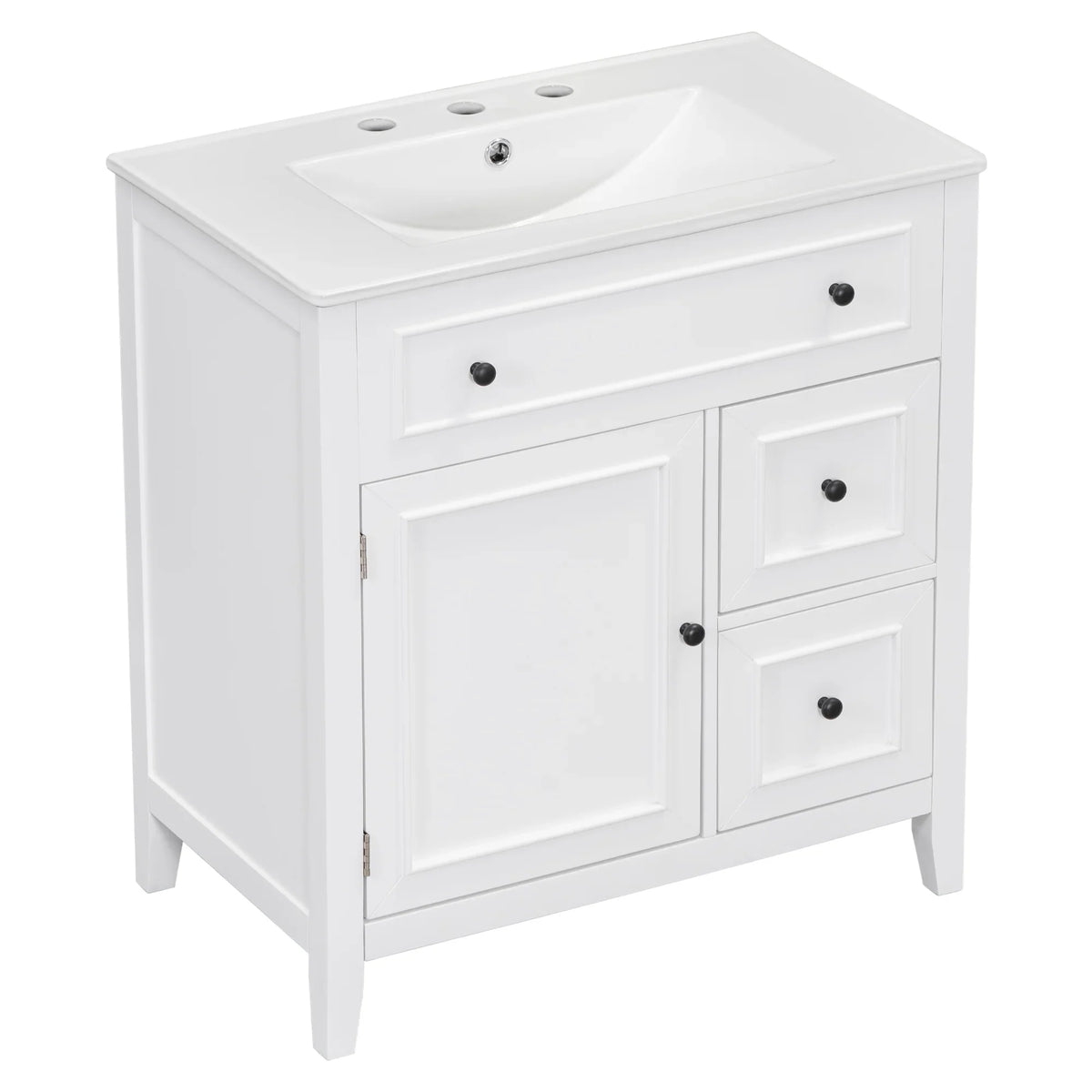 White 30 inch eprolo bathroom vanity with sink top, cabinet door, and two drawers.