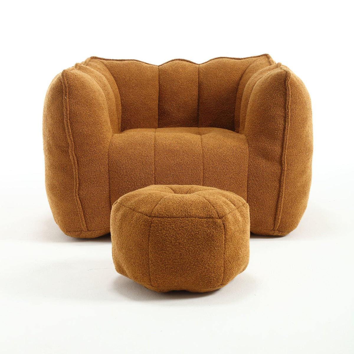 Brown textured eprolo soft square bean bag chair with matching footstool on white background