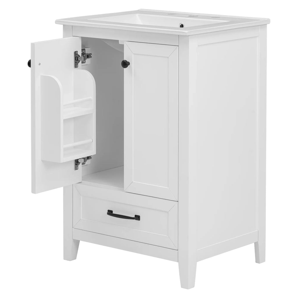 eprolo 24-inch white bathroom vanity with sink, open cabinet door, and storage drawer