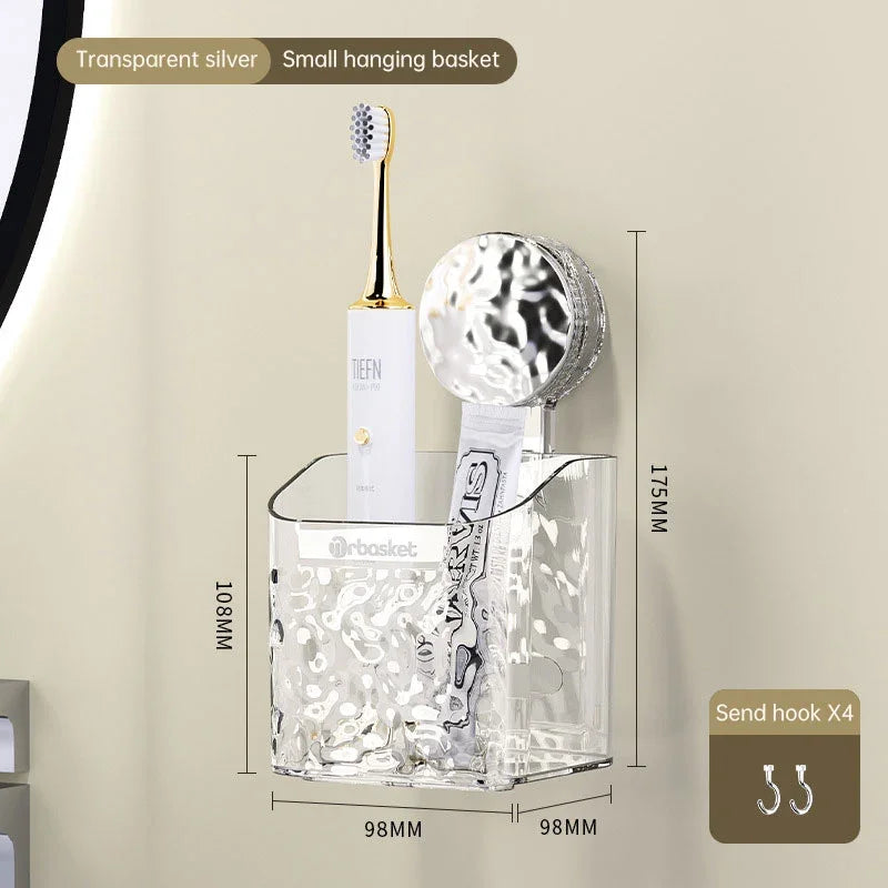 Transparent silver hanging bathroom basket rack holding an electric toothbrush