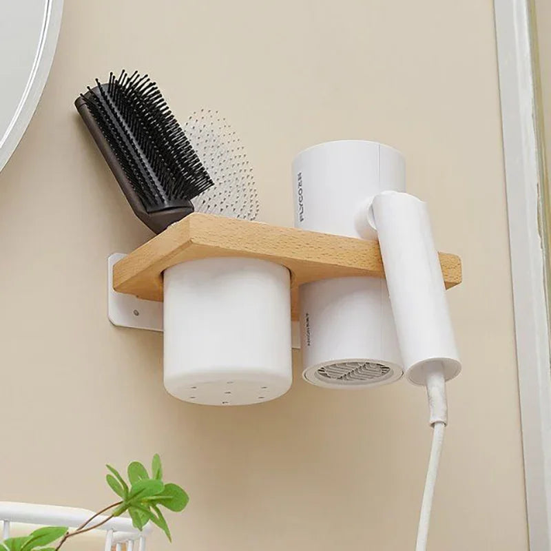 eprolo solid wood bathroom hair dryer holder and hair brush wall storage rack