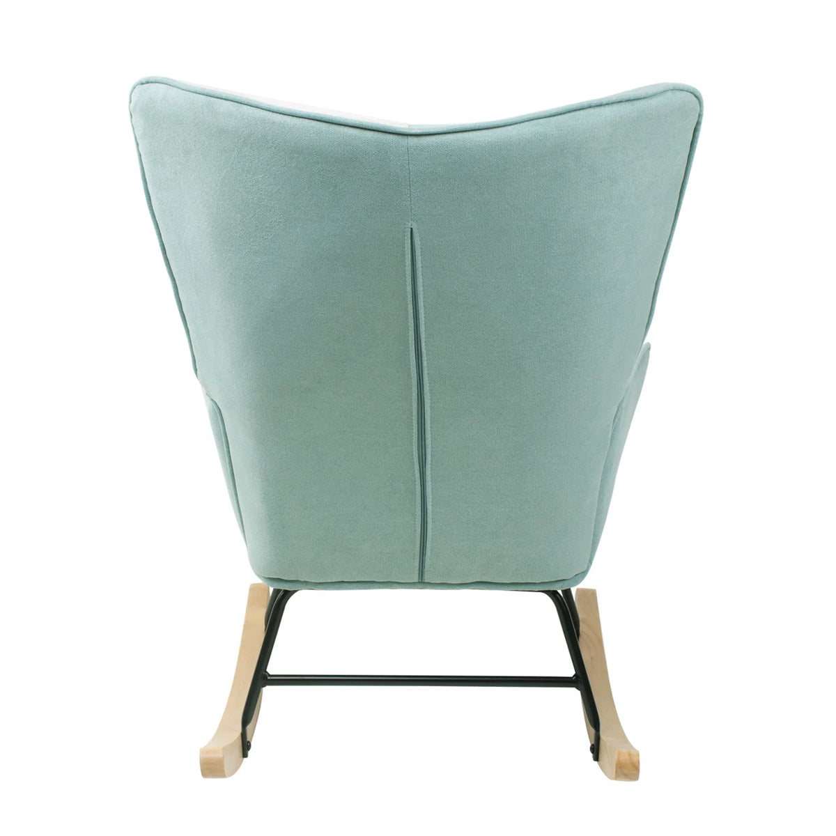 Back view of eprolo Mid-Century Fabric Rocking Chair in light blue with wooden legs