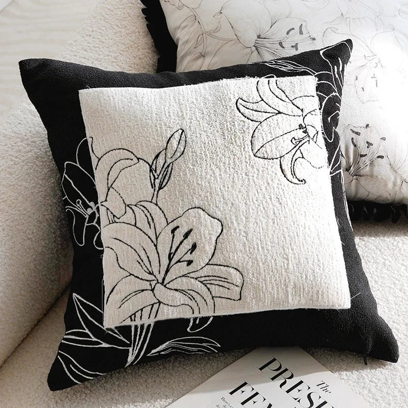 eprolo black and white living room sofa pillow cover with floral embroidery