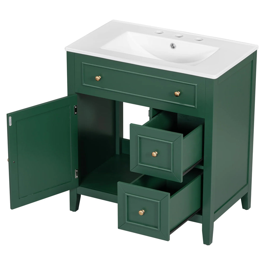 Green 30 inch eprolo bathroom vanity with white sink top, cabinet door, and two drawers.