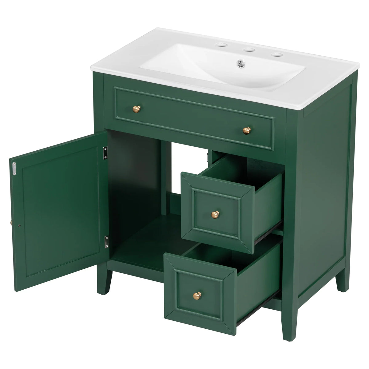 Green 30 inch eprolo bathroom vanity with white sink top, cabinet door, and two drawers.