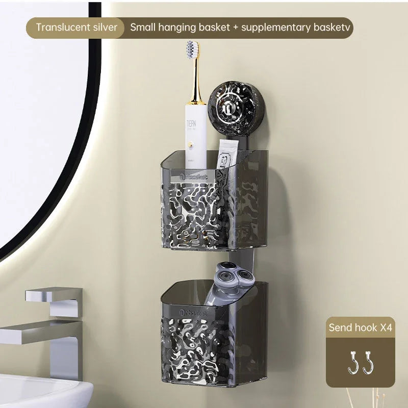 eprolo translucent silver suction bathroom shelf holding a toothbrush and toiletries
