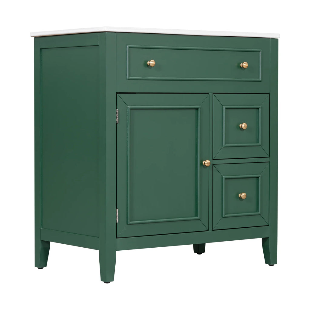 Green 30 inch eprolo bathroom vanity cabinet with white sink top, door, and drawers