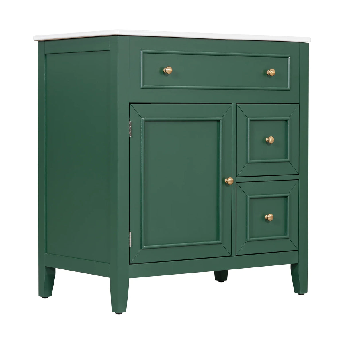 Green 30 inch eprolo bathroom vanity cabinet with white sink top, door, and drawers