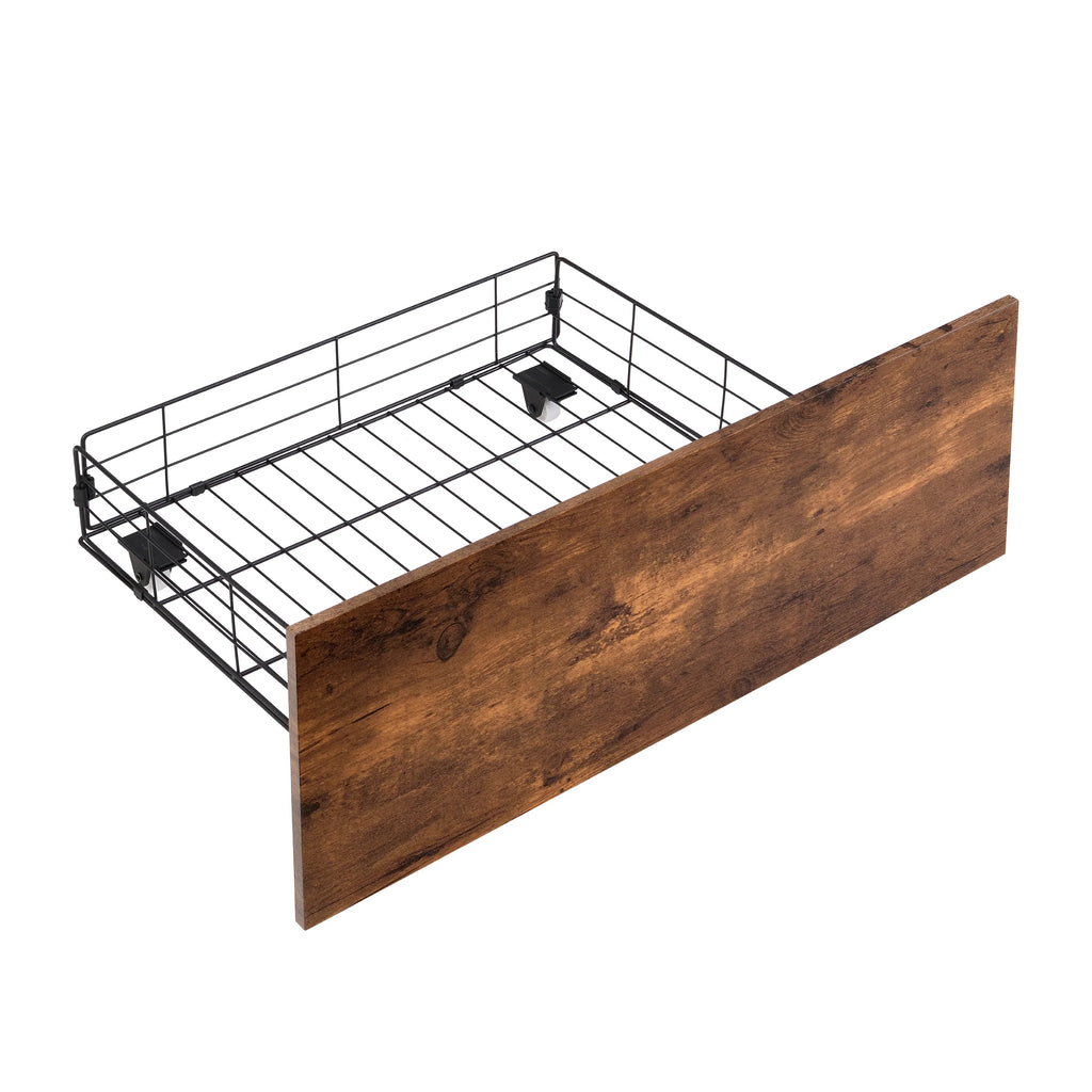 eprolo storage headboard featuring a black wire rack and rustic brown wood panel
