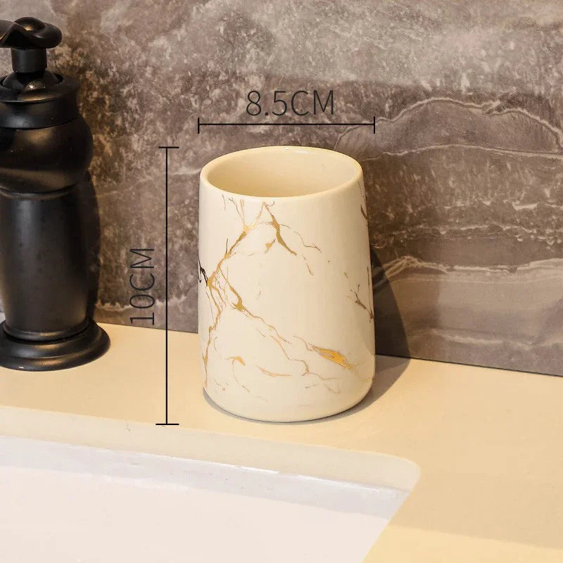 Luxury eprolo ceramic bathroom tumbler with gold marble pattern, 10cm height.